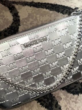 Michael Kors Metallic Silver MK-Embossed Chain Shoulder Bag